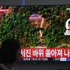 Người dân theo dõi hình ảnh được phát qua truyền hình Hàn Quốc về lễ dỡ bỏ bãi thử hạt nhân Punggye-ri của Triều Tiên, tại nhà ga Seoul (Hàn Quốc) ngày 24/5. (Nguồn: AFP/TTXVN)