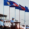 Chủ tịch đảng Nhân dân Campuchia (CPP) cầm quyền, Thủ tướng Samdec Techo Hun Sen phát biểu tại buổi kết thúc chiến dịch vận động tranh cử Quốc hội ở Phnom Penh ngày 27/7. (Ảnh: AFP/TTXVN)