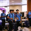 Các cầu thủ đội tuyển Việt Nam tại sân bay quốc tế Yangon, Myanmar. (Ảnh: Trọng Đat- Minh Tiến/TTXVN)