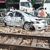 Hiện trường một vụ tai nạn đường sắt nghiêm trọng xảy ra tại Km 106 + 300 thuộc địa bàn xã Yên Tiến, huyện Ý Yên, tỉnh Nam Định làm 1 người chết và 3 người bị thương nặng. (Ảnh: TTXVN)