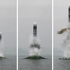 Vụ thử tên lửa đạn đạo kiểu mới Pukguksong-3 từ tàu ngầm của Triều Tiên ở ngoài khơi Vịnh Wonsan ngày 2/10/2019. (Ảnh: Yonhap/TTXVN)