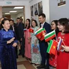 Đại diện người Việt Nam tại thành phố Kazan đón Chủ tịch Quốc hội Nguyễn Thị Kim Ngân. (Ảnh: Trọng Đức/TTXVN)