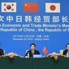 Bộ trưởng Thương mại Trung Quốc Chung Sơn (giữa), Bộ trưởng Thương mại Nhật Bản Hiroshi Kajiyama (phải) và Bộ trưởng Công nghiệp Hàn Quốc Sung Yun-mo trong cuộc họp báo sau cuộc gặp ba bên tại Bắc Kinh, Trung Quốc, ngày 22/12/2019. (Ảnh: Kyodo/ TTXVN)