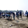 Các đoàn viên thanh niên dọn rác thải nhựa tại bãi biển thôn An Vĩnh, Quảng Ngãi. (Ảnh: Đinh Hương/TTXVN)