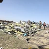 Hiện trường vụ tai nạn máy bay Boeing 737-8 MAX của Hãng hàng không Ethiopia tại thị trấn Bishoftu, cách Addis Ababa khoảng 45km. (Ảnh: THX/TTXVN)