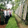 Lãnh đạo tỉnh Hà Tĩnh và du khách xem tranh tại Triển lãm. (Ảnh: Công Tường/TTXVN)