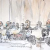 Tranh phác họa 14 đối tượng bị cáo buộc hỗ trợ các tay súng thánh chiến tấn công tòa soạn báo châm biếm Charlie Hebdo trong phiên xét xử tại Paris, Pháp, ngày 2/9/2020. (Ảnh: AFP/TTXVN)