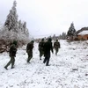 Bộ đội đồn biên phòng Y Tý (Bát Xát, Lào Cai) tuần tra trong điều kiện khắc nghiệt băng giá, mưa tuyết ngày 13/1. (Ảnh: Quốc Khánh/TTXVN)