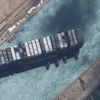 Tàu MV Ever Given bị mắc kẹt trên kênh đào Suez của Ai Cập ngày 29/3/2021. (Ảnh: AFP/TTXVN)