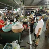 Người dân thực hiện tốt việc giữ khoảng cách an toàn khi mua sắm tại chợ Nam Trung Yên, Hà Nội. (Ảnh: Vũ Sinh/TTXVN)