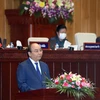 Chủ tịch nước Nguyễn Xuân Phúc phát biểu tại Kỳ họp lần thứ nhất, Quốc hội Lào khóa IX. (Ảnh: Thống Nhất/TTXVN)