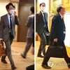 Vụ trưởng Vụ các vấn đề châu Á và Thái Bình Dương của Bộ Ngoại giao Hàn Quốc, ông Lee Sang-ryol (trái) và người đồng cấp Nhật Bản, Takehiro Funakoshi, đến phòng họp tại một khách sạn ở Tokyo ngày 1/4. (Nguồn: Yonhap)