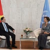 Thủ tướng Phạm Minh Chính gặp Tổng Giám đốc UNESCO Audrey Azoulay. (Ảnh: Dương Giang/TTXVN)