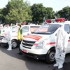 Bộ Quốc phòng hỗ trợ Thành phố Hồ Chí Minh 30 xe cứu thương, lái xe, cán bộ quân y trong hoạt động phòng chống dịch COVID-19. (Ảnh: Xuân Khu/TTXVN)