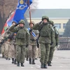 Binh sỹ gìn giữ hòa bình thuộc Tổ chức Hiệp ước An ninh tập thể (CSTO) tại buổi lễ kết thúc nhiệm vụ ở Almaty, Kazakhstan, ngày 13/1/2022. (Ảnh: THX/TTXVN)
