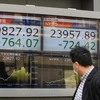 Bảng điện tử thông báo các chỉ số chứng khoán tại Tokyo, Nhật Bản. (Ảnh: AFP/TTXVN)