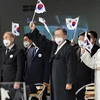 Tổng thống Hàn Quốc Moon Jae-in (thứ 3 trái) tham dự lễ kỷ niệm ở Seoul, ngày 1/3/2022. (Ảnh: YONHAP/TTXVN)