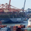 Container hàng hóa được bốc dỡ tại cảng Busan, Hàn Quốc. (Ảnh: Yonhap/TTXVN)