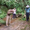 Các chuyên gia quan sát và đo các dấu vết khủng long được phát hiện tại một nhà hàng ở Lạc Sơn, tỉnh Tứ Xuyên, Tây Nam Trung Quốc ngày 16/7. (Nguồn: Global Times)