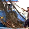 Ngư dân cất ngư cụ khi tàu thuyền vào tránh trú bão Noru. (Ảnh: Tá Chuyên/TTXVN)
