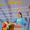 Bà Hà Thị Nga, Ủy viên Trung ương Đảng, Chủ tịch Hội LHPN Việt Nam phát biểu khai mạc Diễn đàn (Ảnh: phunuvietnam.vn)
