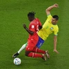 Tiền vệ Casemiro (phải) của Brazil tranh bóng với Breel Embolo của Thuỵ Sĩ. (Ảnh: AFP/TTXVN)
