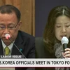 Ông Funakoshi Takehiro, Vụ trưởng Vụ các vấn đề châu Á và châu Đại Dương của Bộ Ngoại giao Nhật Bản, và người đồng cấp Hàn Quốc, bà Seo Min-jung. (Nguồn: NHK)