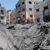 Những tòa nhà bị phá hủy trong vụ không kích của máy bay Israel xuống Dải Gaza, ngày 6/8/2022. (Ảnh: THX/TTXVN)