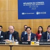 Bộ trưởng Ngoại giao Bùi Thanh Sơn phát biểu tại phiên thảo luận về “Phát thải ròng bằng không, phát triển bền vững, đa dạng sinh học” tại Hội nghị Hội đồng Bộ trưởng OECD 2023. (Ảnh: Thu Hà/TTXVN)