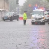 Mưa lớn do ảnh hưởng của bão Doksuri ở tỉnh Phúc Kiến, Trung Quốc ngày 28/7/2023. (Ảnh: THX/TTXVN)