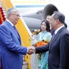 Chủ nhiệm Văn phòng Chủ tịch nước Lê Khánh Hải đón Tổng thống Kazakhstan Kassym-Jomart Tokayev tại Sân bay Quốc tế Nội Bài. (Ảnh: An Đăng/TTXVN)