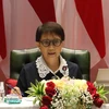Ngoại trưởng Indonesia Retno Marsudi phát biểu tại họp báo về nỗ lực của Chủ tịch ASEAN Indonesia 2023 nhằm giải quyết vấn đề Myanmar. (Ảnh: Hữu Chiến/TTXVN)