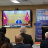 Bài phát biểu trực tuyến của Ủy ban Nhà nước về người Việt Nam ở nước ngoài (Bộ Ngoại giao) tại Đại hội. (Ảnh: Thanh Tú/TTXVN)