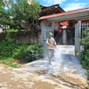 Người dân xã Trần Phú, huyện Na Rì rắc vôi khử trùng ổ dịch. (Ảnh: TTXVN phát)