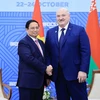 Thủ tướng Phạm Minh Chính gặp Tổng thống Belarus Alexander Lukashenko. (Ảnh: Dương Giang/TTXVN)