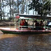 Những du khách đầu tiên tham quan Vườn quốc gia Tràm Chim bằng tàu chạy từ năng lượng mặt trời. (Ảnh: Huỳnh Phúc Hậu/TTXVN) 