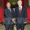 Tổng Bí thư Nguyễn Phú Trọng tiếp Chủ tịch Quốc hội Vương quốc Campuchia Heng Samrin sang dự IPU-132 tại Việt Nam. (Ảnh: Trí Dũng/TTXVN)