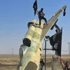 Phiến quân IS đứng trên một xác máy bay chiến đấu bị bắn rơi ở Iraq. (Nguồn: AP)