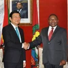 Tổng thống Cộng hoà Mozambique Filipe Jacinto Nyusi đón Chủ tịch nước Trương Tấn Sang. (Ảnh: Nguyễn Khang/TTXVN) 