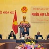 Chủ tịch Quốc hội, Chủ tịch Hội đồng bầu cử Quốc gia Nguyễn Thị Kim Ngân phát biểu tại phiên họp. (Ảnh: Trọng Đức/ TTXVN)