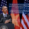 Tổng thống Hoa Kỳ Barack Obama trích dẫn câu hát trong bài Mùa Xuân đầu tiên của Văn Cao trong buổi nói chuyện tại Trung tâm Hội nghị Quốc gia ngày 24/5. (Ảnh: Minh Sơn-Thanh Trà/Vietnam+) 