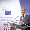 Chủ tịch Hội đồng châu Âu Donald Tusk phát biểu trong cuộc họp báo ở Brussels, Bỉ ngày 24/6. (Nguồn: THX/TTXVN) 