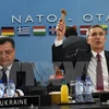 Tổng thư ký NATO Jens Stoltenberg (phải) và Bộ trưởng Quốc phòng Ukraine Stepan Poltorak (trái) tại cuộc họp. (AFP/TTXVN)