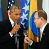 Tổng thư ký Liên hợp quốc Ban Ki-moon thảo luận với Tổng thống Mỹ Barack Obama về biển đối khí hậu. (Nguồn: THX/TTXVN)