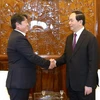 Chủ tịch nước Trần Đại Quang tiếp Đại sứ Mông Cổ Dorj Enkhbat đến chào từ biệt. (Ảnh: Nhan Sáng/TTXVN) 