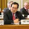 Đại sứ Dương Chí Dũng, Trưởng Phái đoàn Việt Nam tại Geneva (Thụy Sĩ) thay mặt Nhóm G-21 trình bày phát biểu chung về giải trừ vũ khí hạt nhân. (Ảnh: Hoàng Hoa/TTXVN)