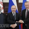Tổng thống Iran Hassan Rouhani, Tổng thống Nga Vladimir Putin và Tổng thống Thổ Nhĩ Kỳ Tayyip Erdogan tại Hội nghị thượng đỉnh ba bên ở Sochi (Nga) ngày 14/2/2019. (Ảnh: AFP/TTXVN)