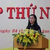 Bà Bùi Thị Quỳnh Vân, Chủ tịch HĐND tỉnh Quảng Ngãi khóa XIII, nhiệm kỳ 2021-2026 phát biểu. (Ảnh: Sỹ Thắng/TTXVN)