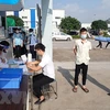 Thực hiện các biện pháp kiểm tra thân nhiệt, khử trùng, khai báo y tế… đối với người lao động tại Khu công nghiệp Điềm Thụy, huyện Phú Bình, tỉnh Thái Nguyên, ngày 14/5/2021. (Ảnh: Anh Tuấn/TTXVN)