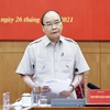 Chủ tịch nước Nguyễn Xuân Phúc, Trưởng Ban Chỉ đạo cải cách Tư pháp Trung ương phát biểu tại phiên họp. (Ảnh: Thống Nhất/TTXVN) 
